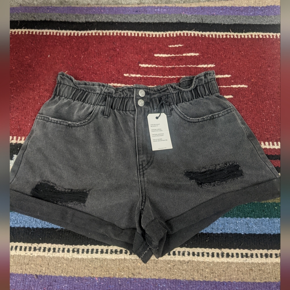 Forever 21 Washed Black Ripped Paperbag Denim Shorts